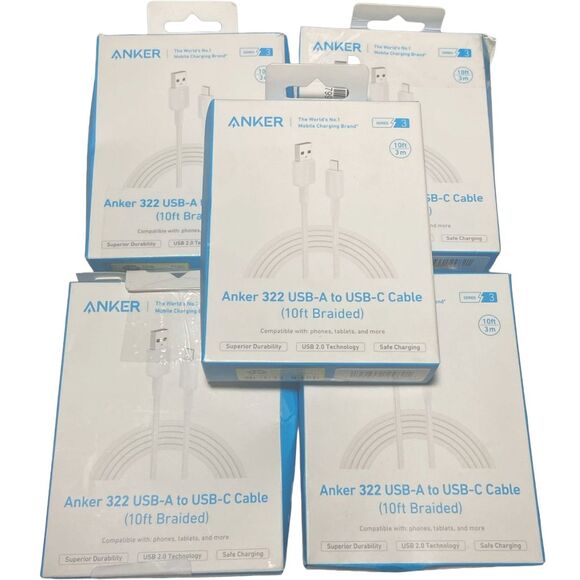 Anker 10ft USB-A to USB-C Braided Charging Cable White – Lot of 5, Box Wear - Picture 1 of 10
